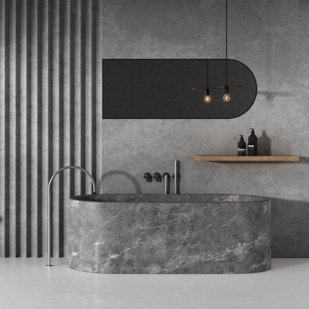 This bath, from John Pawson by COCOON, is crafted from one piece of solid stone.