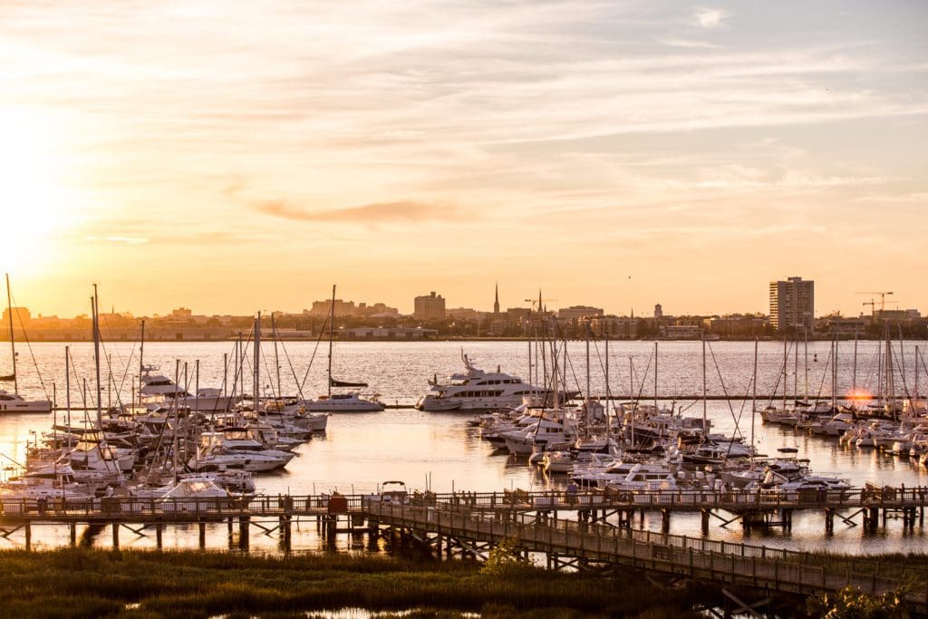 A sunrise view of the Charleston Harbor Marina.