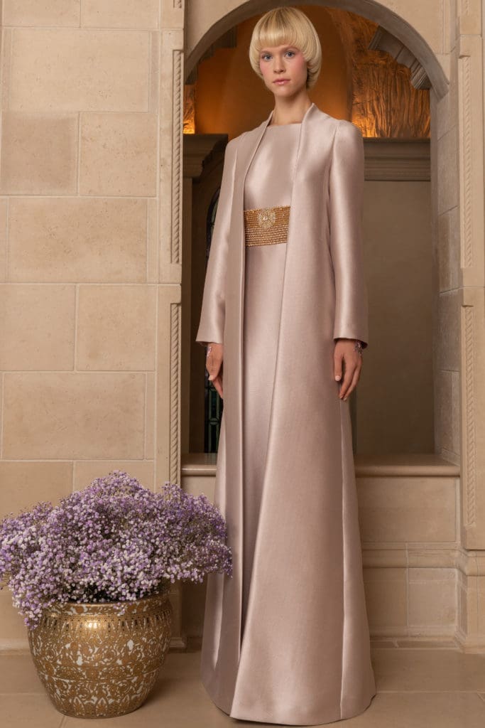 Reem Acra evening gown with beaded detail and matching coat. (Photo courtesy of Reem Acra)