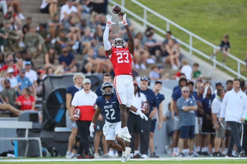 UH cornerback Art Green went up high to snag this interception. (@UHCougar FB)