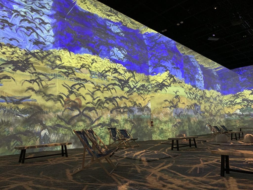 A animated murder of crows fly across Van Gogh's landscapes. (Photo by Tarra Gaines)