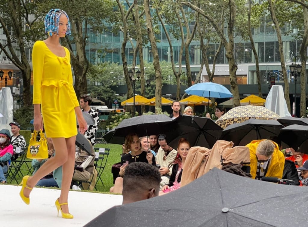 Moschino yellow day dress, matching purse and shoes. (Photo by Clifford Pugh)