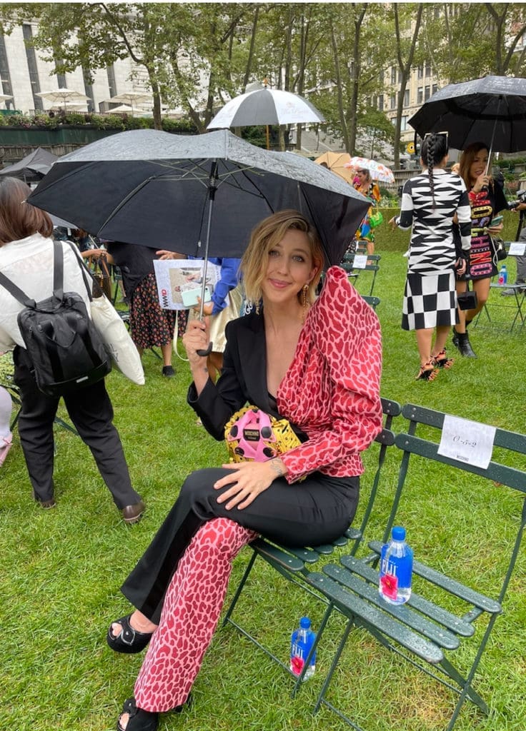 Heidi Gardner, in Moschino pantsuit and gifted umbrella. (Photo by Clifford Pugh)