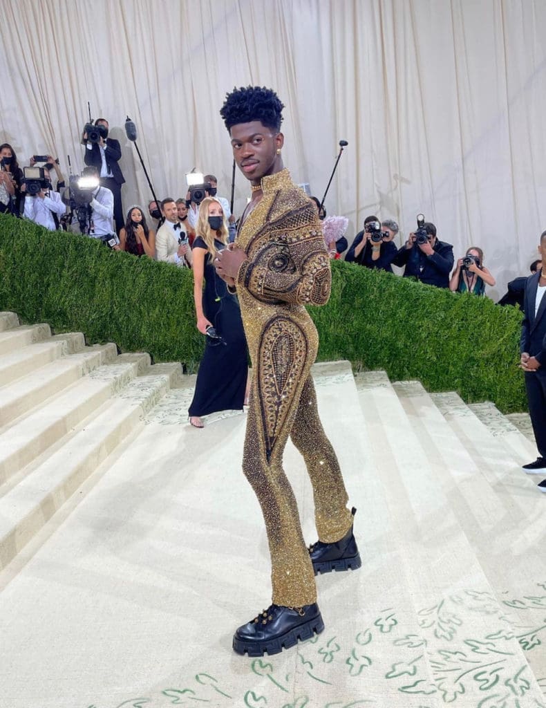 Lil Nas unveiled his Met Gala attire by Versace in three stages. Stage Three: A gold bodysuit. (Instagram: @lilnasx_)
