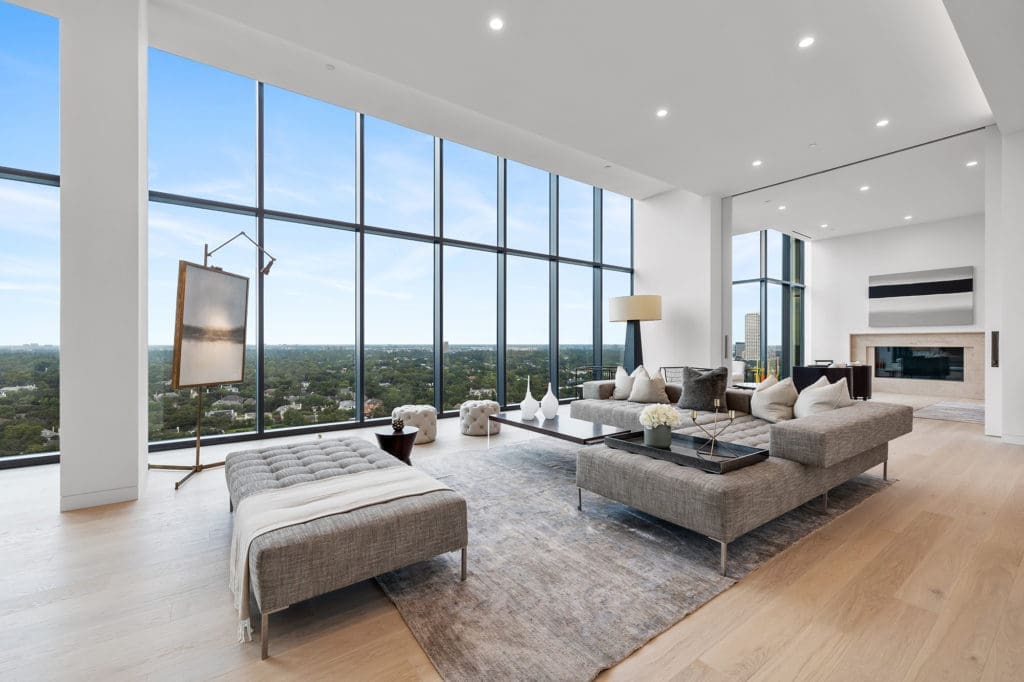 The 19th floor penthouse at The River Oaks is unique in Houston for its 2,200 square foot terrace and interior design by Rottet Studio. 