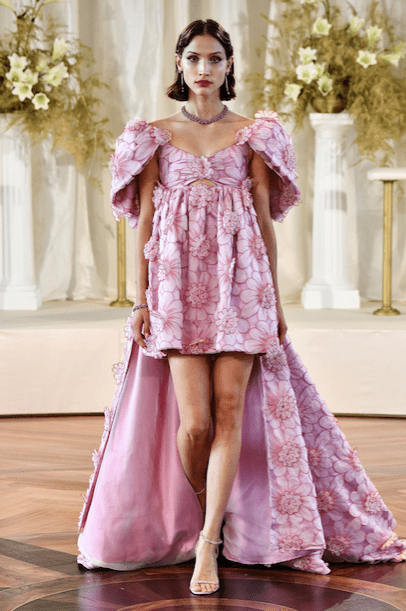Markarian Eliza pink floral appliqué mini dress with train. (Photo courtesy of Markarian)