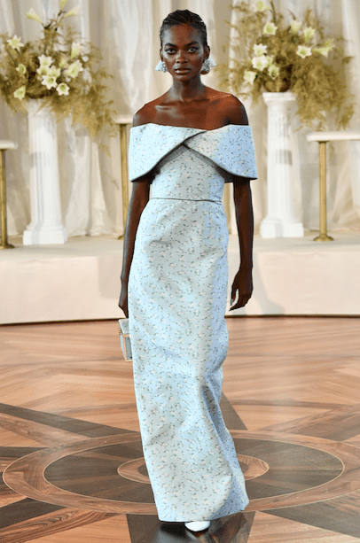 Markarian Eveline off the shoulder pale blue floral column gown with fold over collar. (Photo courtesy of Markarian)