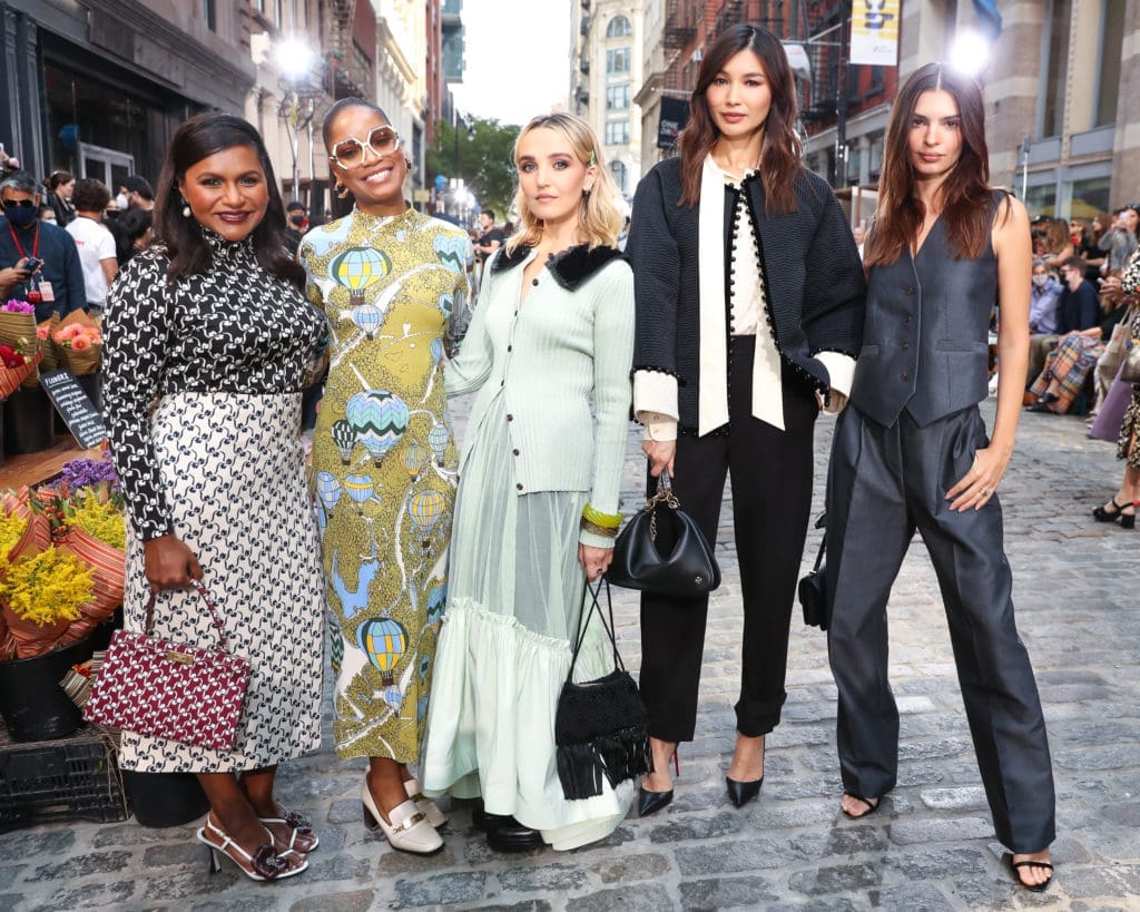 Celebrities at the Tory Burch runway show included, from left, Mindy Kaling, Keke Palmer, Chloe Fineman, Gemma Chan, and Emily Ratajkowski. (Photo courtesy of Tory Burch)