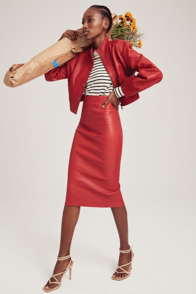 From the Veronica Beard spring '22 collection: Red leather pencil skirt and bomber jacket. (Photo courtesy of Veronica Beard)