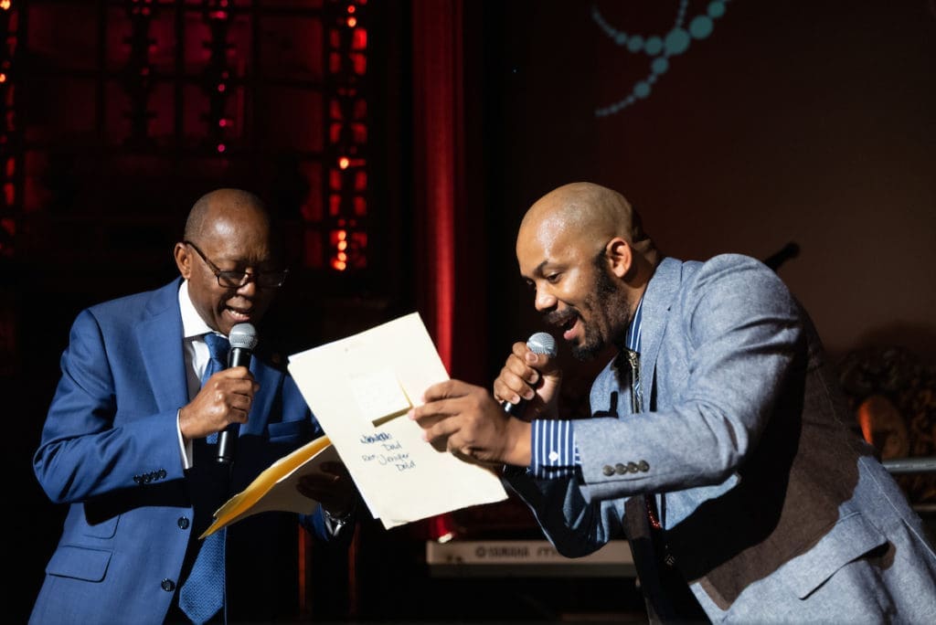 Mayor Sylvester Turner and Outspoken Bean rapping at the Houston Arts Alliance Moulin Rouge themed gala at Majestic Metro theater.
 (Photo by Daniel Ortiz)