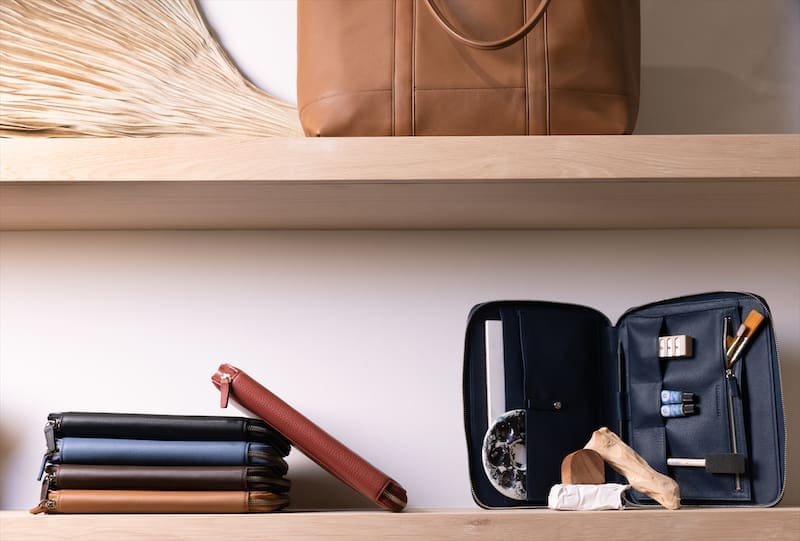 Leatherology dopp kits on display.  (Photo by Justin Clemons)