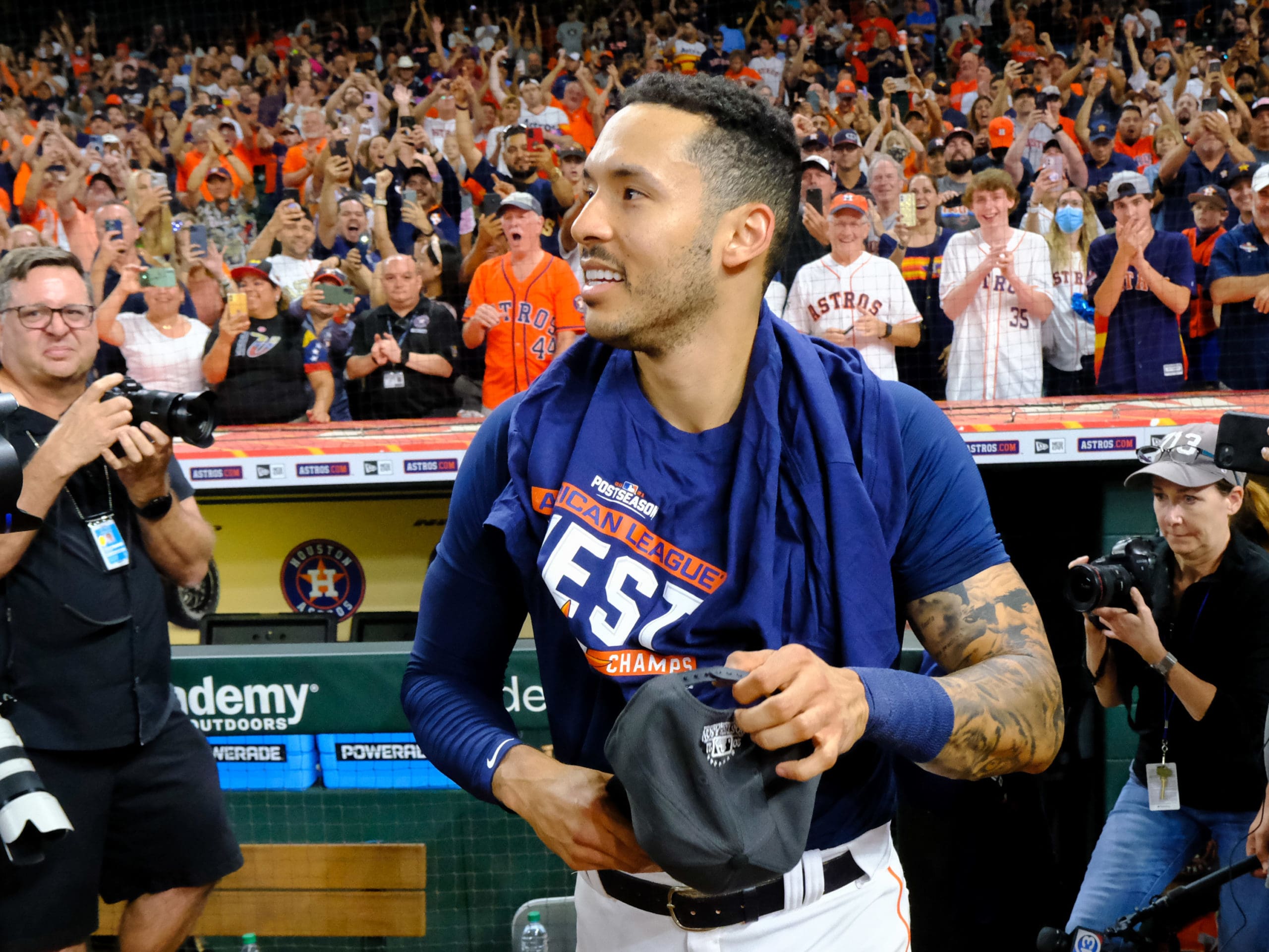 The Houston Astros clinched the American League West division championship with a 3-2 win over the Tampa Bay Rays Thursday at Minute Maid Park, After the victory, family members joined for an on-field celebration.