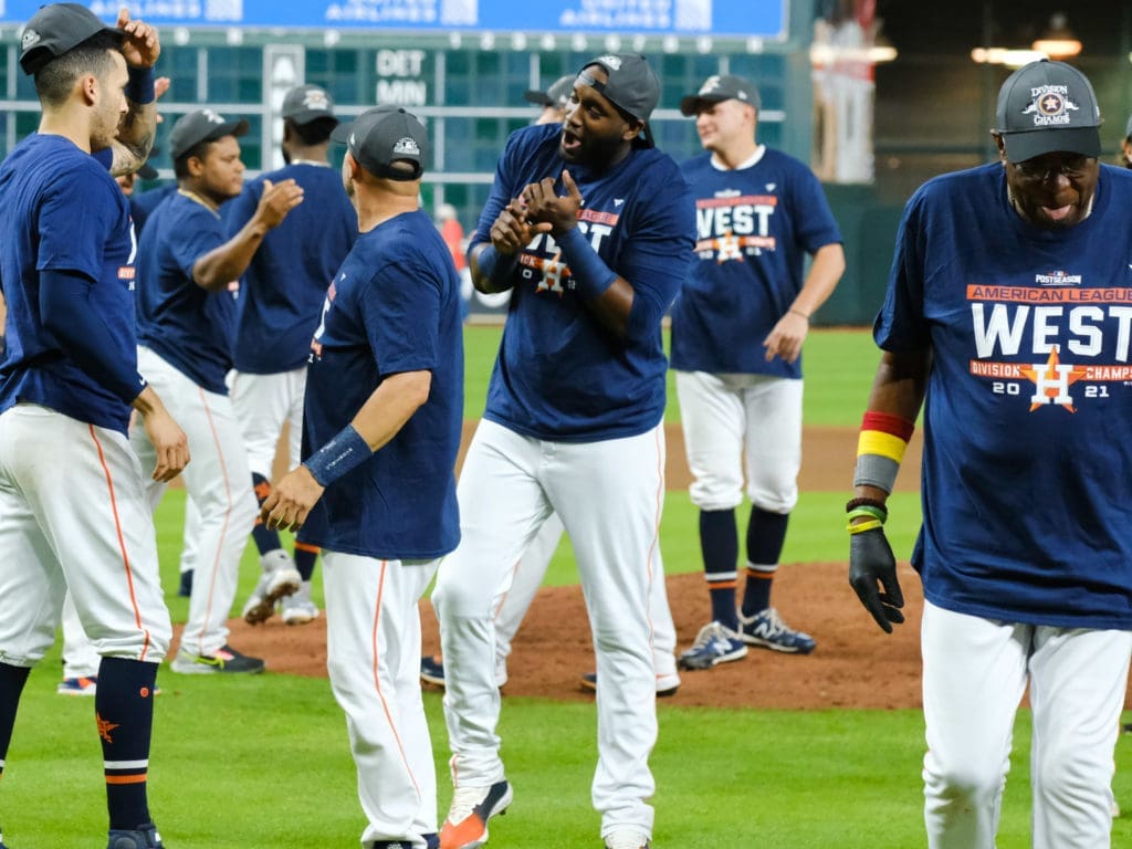 Yordan Alvarez found himself in the middle of the Astros fun. (Photo by F. Carter Smith)