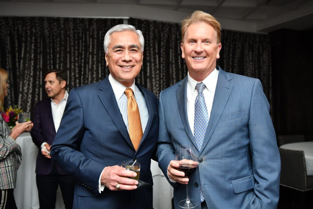 KPRC Channel 2's retired news anchor Bill Balleza and chief meteorologist Frank Billingsley at the Dominique Sachse departure party, hosted by Steak 48.