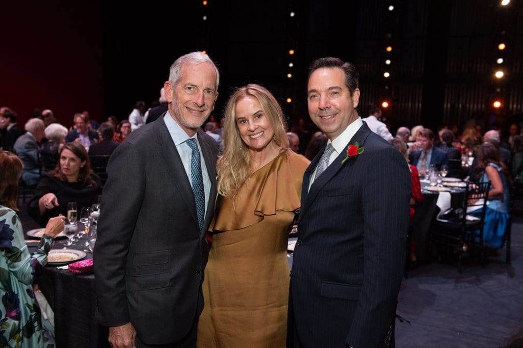 Edward & Deborah Koehler, Houston Ballet executive director Jim Nelson at the Margaret Alkek Williams 'Jubilee of Dance' on-stage dinner.  (Photo by Wilson Parish)