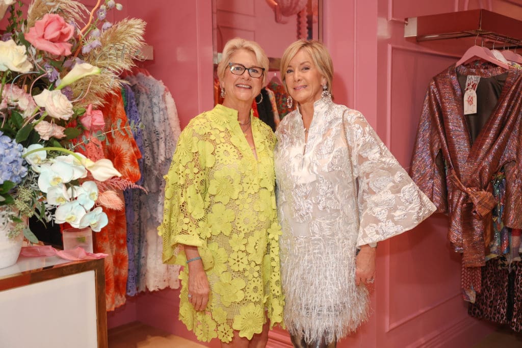Caterer Elizabeth Swift, Sheridan Williams, both in La Vie Style House caftans, at the boutique opening in River Oaks District. (Photo by Johnny Than)