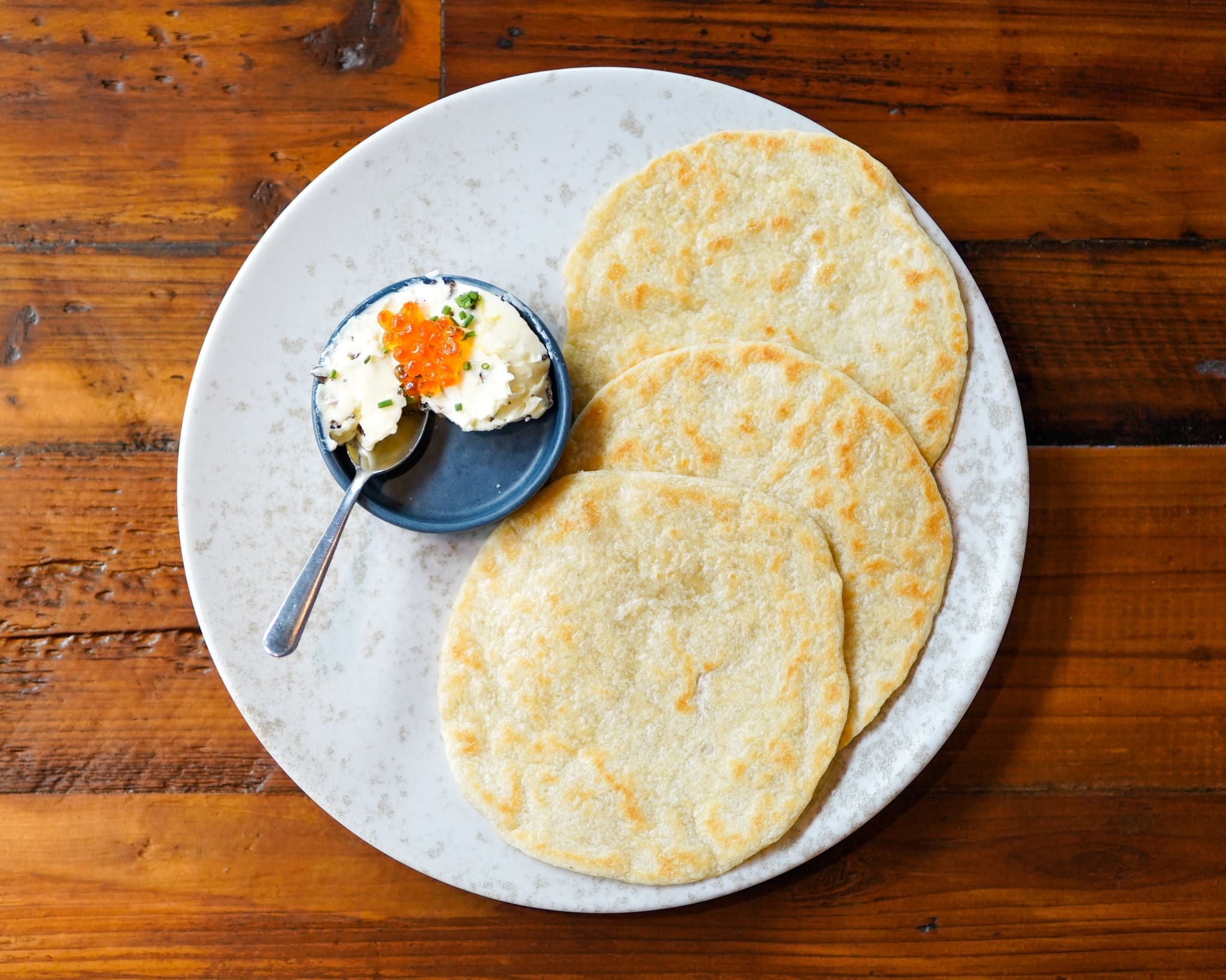 Handmade Flour Tortillas with truffle butter and salmon roe (Photo by Dylan McEwan)
