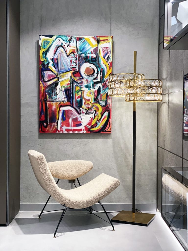 Lea Fisher's "Within the Realm," 2014, a 3-D canvas from Samuel Lynne Galleries that dialogues with CASA Houston's collection of furnishings from Rimadesio, Viabizzuno, and Tacchini.