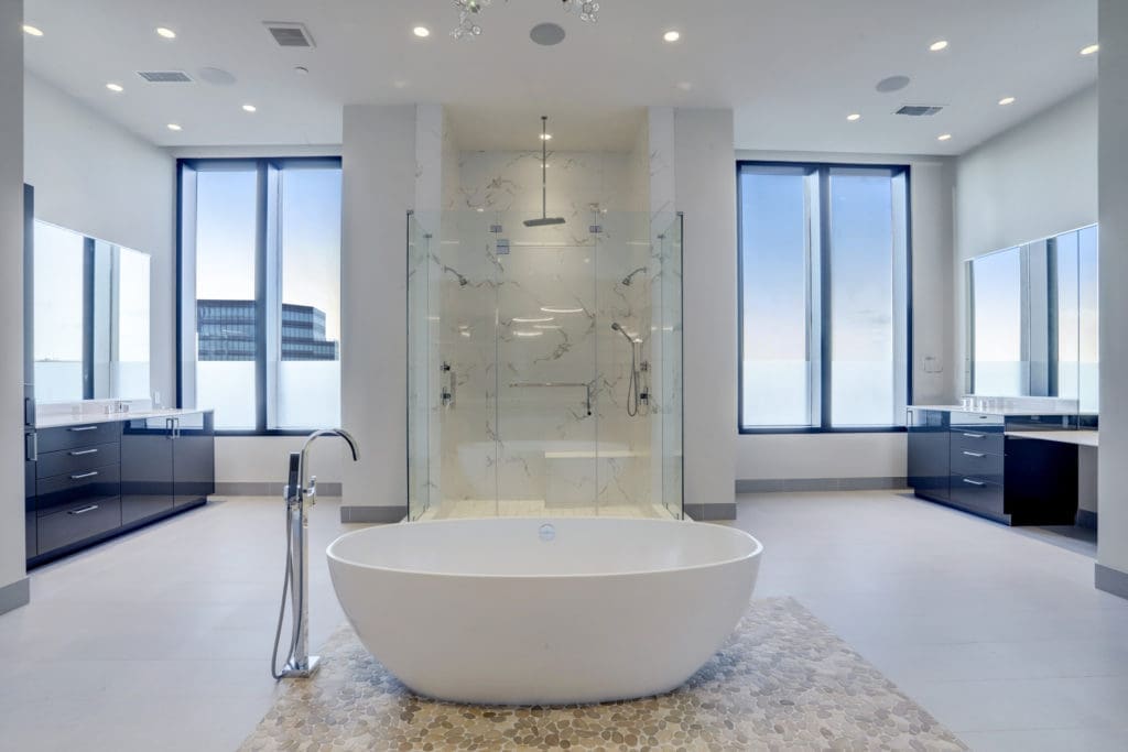 The master bath is spacious in The Astoria penthouse, at 9,500 square feet it is on the market for $7,999,999 with Nancy Almodovar, founder of Nan and Company Properties. (Photo by TK Images)