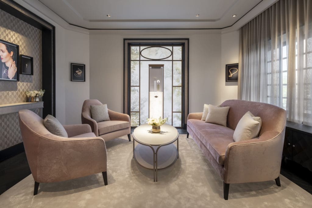 Inside the chic salon at Van Cleef & Arpels for customers to create their own jewelry pieces. 