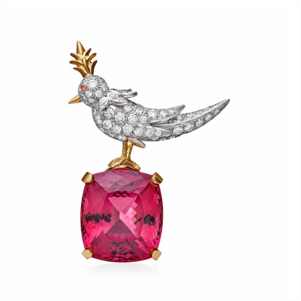 Bird on a Rock brooch designed by Jean Schlumberger for Tiffany & Co, in gold and platinum. Birds are set with diamonds and pink-sapphire eyes, perched on tourmaline, morganite, and aquamarine stones.