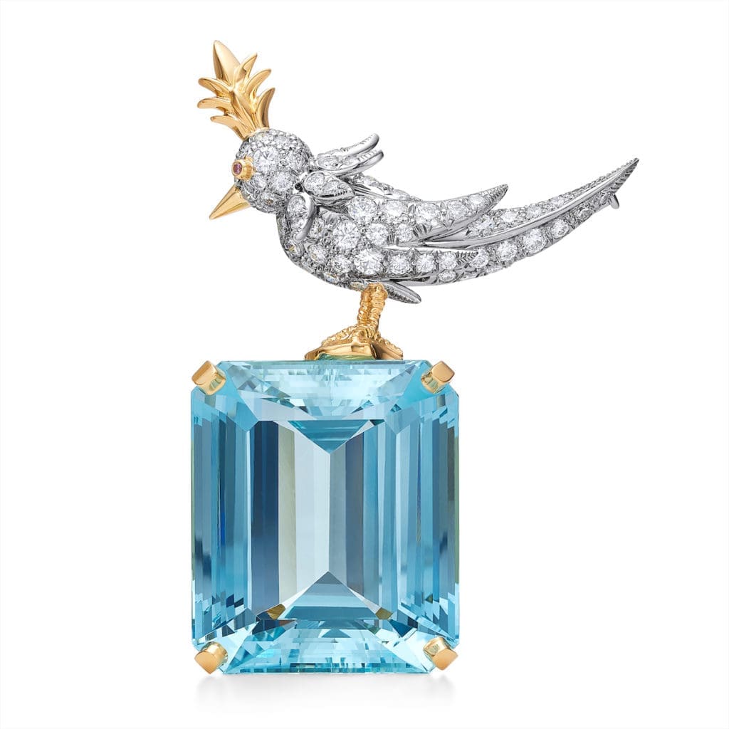 Bird on a Rock brooch designed by Jean Schlumberger for Tiffany & Co, in gold and platinum. Birds are set with diamonds and pink-sapphire eyes, perched on tourmaline, morganite, and aquamarine stones.