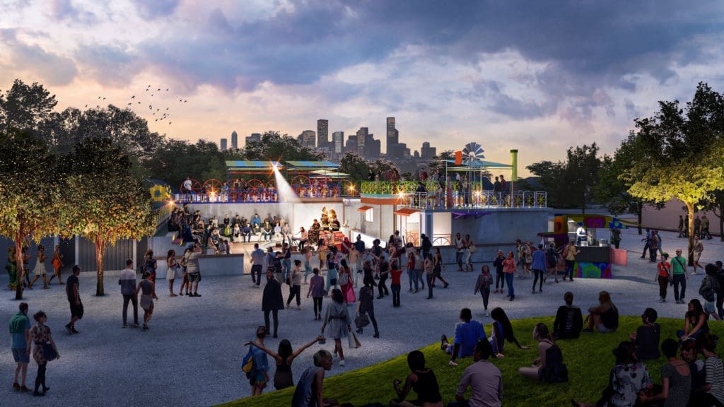 Refreshed performance areas are part of The Orange Show Center for Visionary Art redo. (Rendering courtesy of Rogers Partners)
