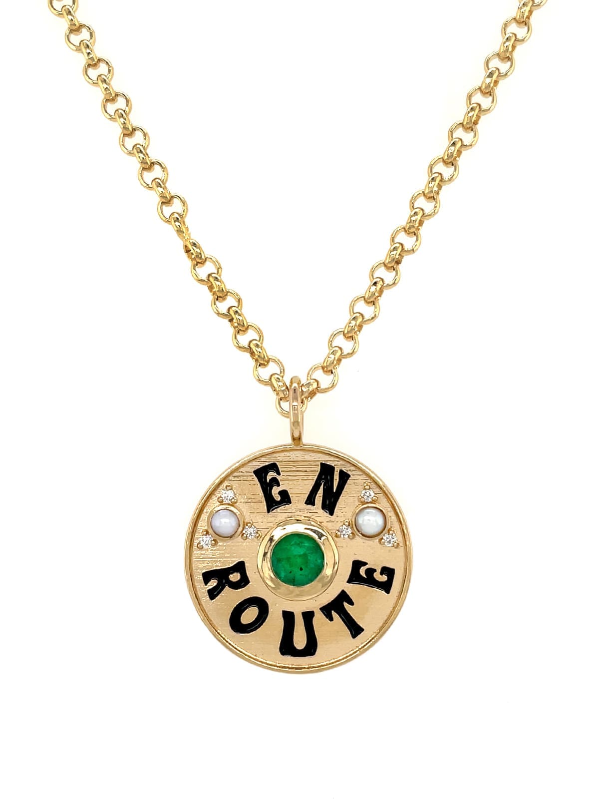 Marlo Laz Large Emerald and Black Enamel En Route Gold Necklace