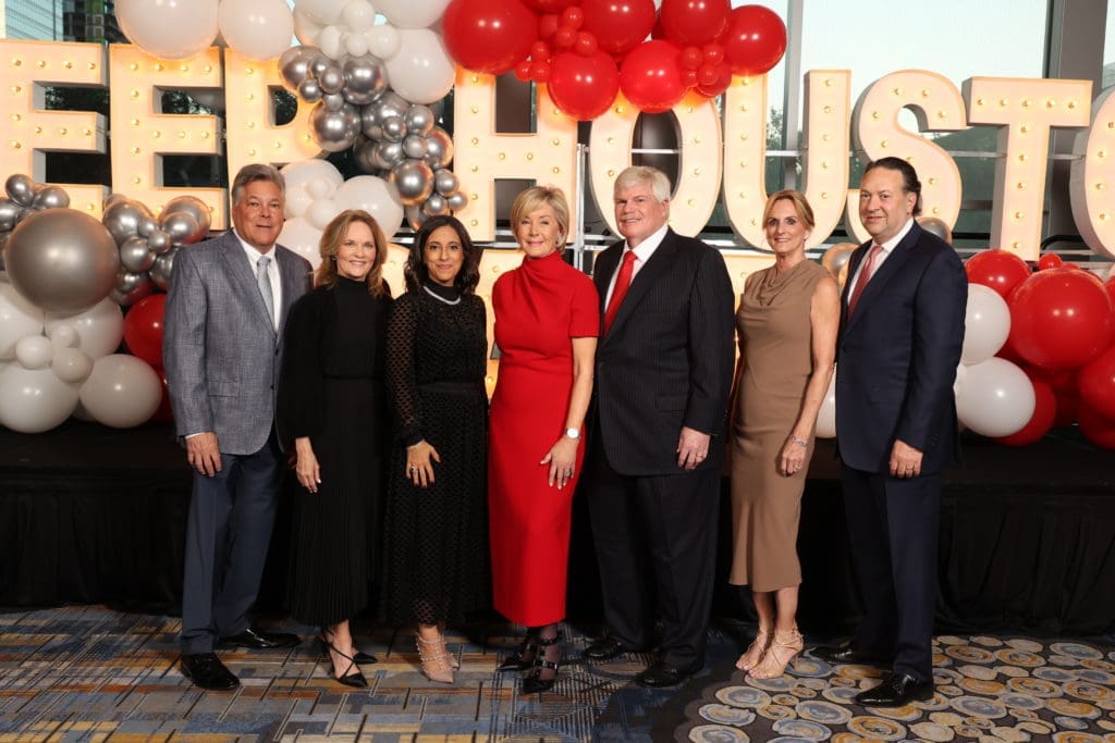 Crime Stoppers of Houston gala chairs Neil & Amy Leibman, with Rania Mankarious, and chairs Sheridan & John Eddie Williams, Genny & John McIntyre (Photo by CatchlightGroup.com)
