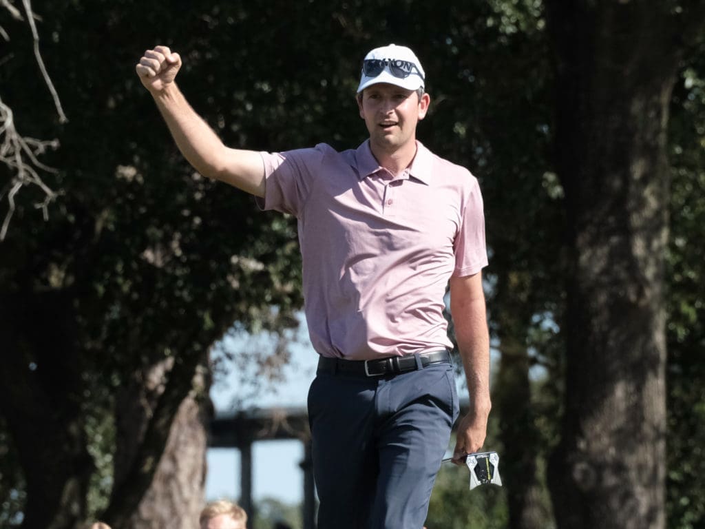 Martin Trainer reacts to sinking a 71-foot birdie putt on No. 11 at the Houston Open. (Photo by F. Carter Smith)