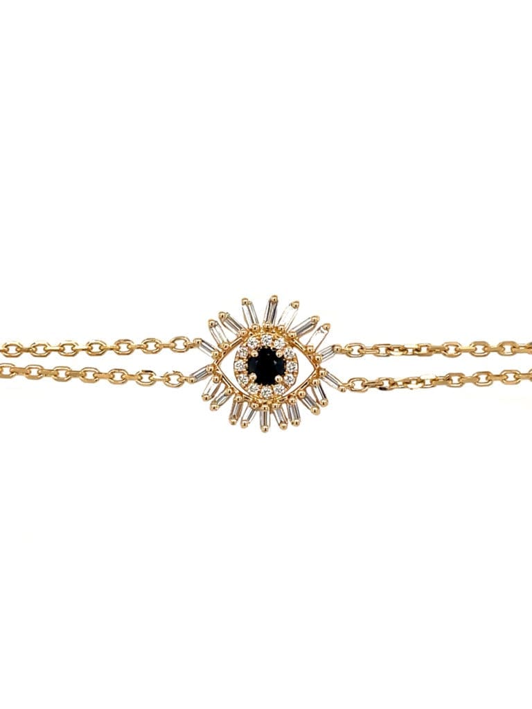 Suzanne Kalan evil eye bracelet centered with black sapphire and diamond pave eye is the perfect addition to any bracelet stack.