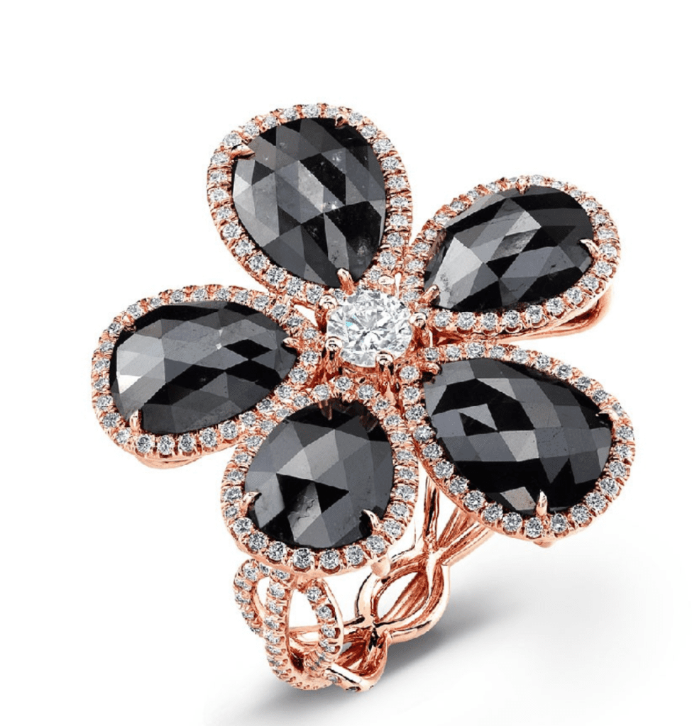 Rahaminov Rose Gold Black Pear Shape Diamond Flower Ring.