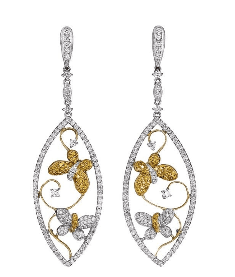 J'yes Delicate 18k Yellow and White Gold Pavé Diamond Butterfly Dangle Earrings.