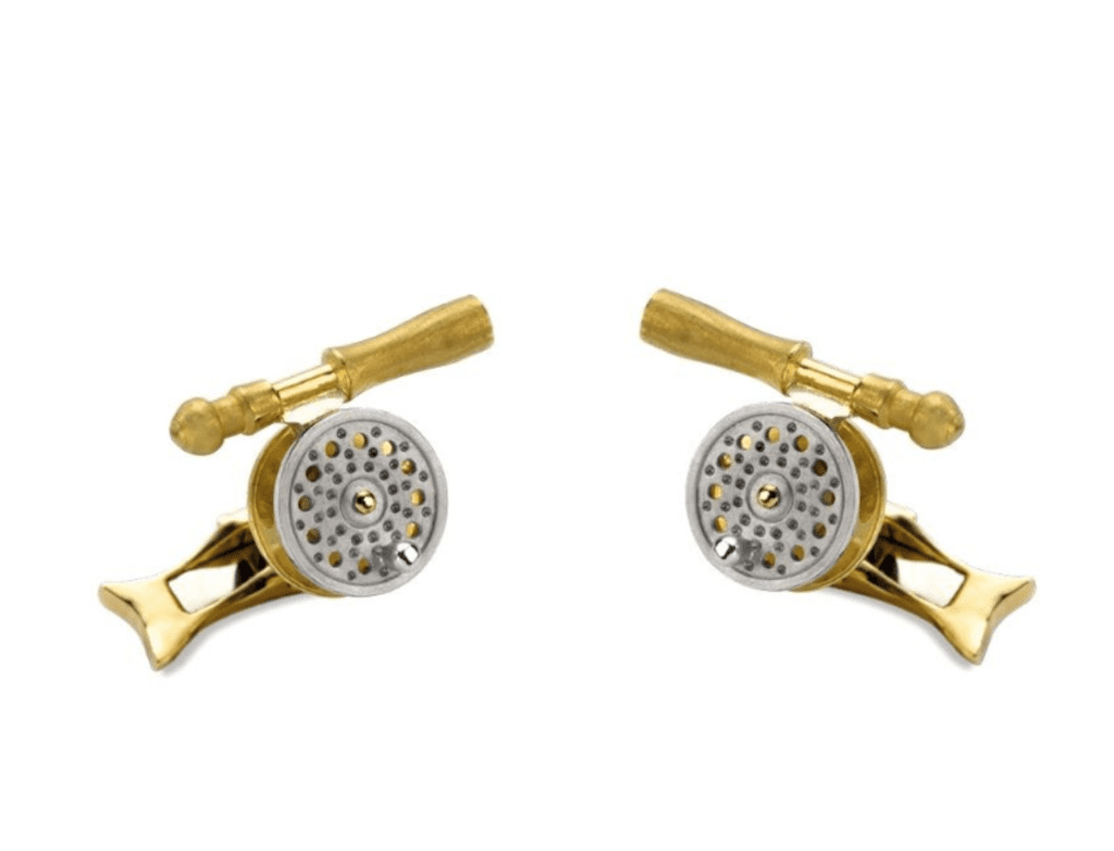 Deakin & Francis Adventurous Yellow and White Gold Fishing Reel and Rod Cufflinks.