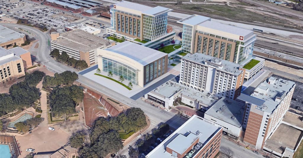 Campus renderings planned near the Water Gardens and the Convention Center in Fort Worth.