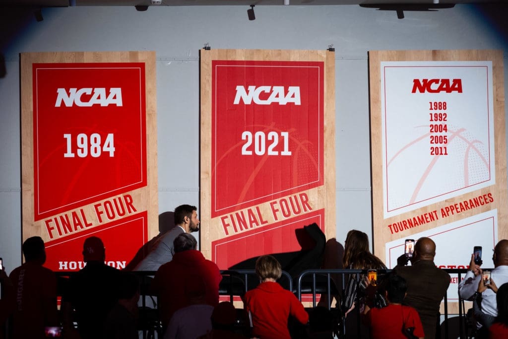 The 2021 Final Four is up in the Fertitta Center, a symbol of a special team. (Photo by F. Carter Smith)