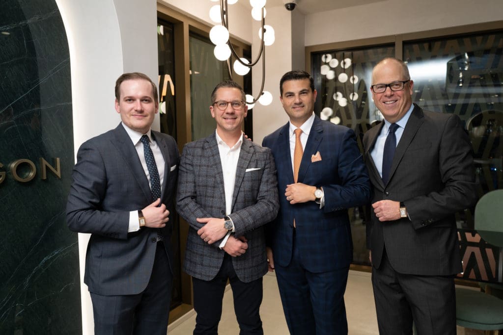 Reichmont's Peter Regout, IWC's Mike Fertal, Segev Zadok, Joel Gaul at the Zadok Jewelers holiday party (Photo by Daniel Ortiz)