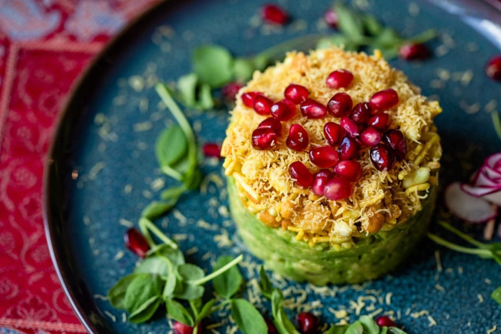 The appetizer avocado bhel is an adaptation of the famous dish usually made with puffed rice in lieu of creamy avocado. Photo by Kirsten Gilliam.