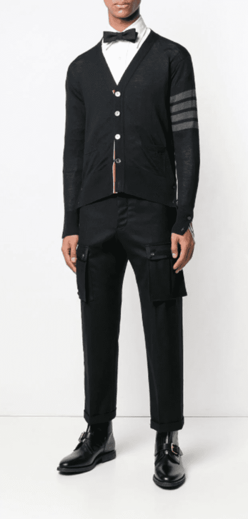 Thom Brown four-bar v-neck cardigan, $950, available at Traffic LA stores and online at shoptrafficla.com and thombrowne.com.
