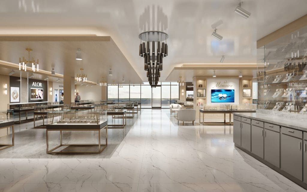 I W Marks Jewelers undergoes a stunning facelift bringing the Bellaire Boulevard mainstay into a new era. (Rendering courtesy of Identity Architects)