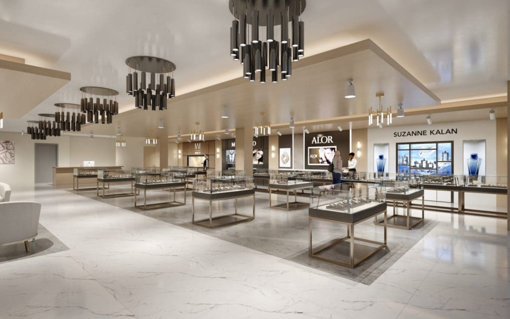 Identity Architects has been tasked with the refresh of I W Marks Jewelers bringing a contemporary vibe to the 7,500 square foot boutique. (Rendering courtesy of Identity Architects)