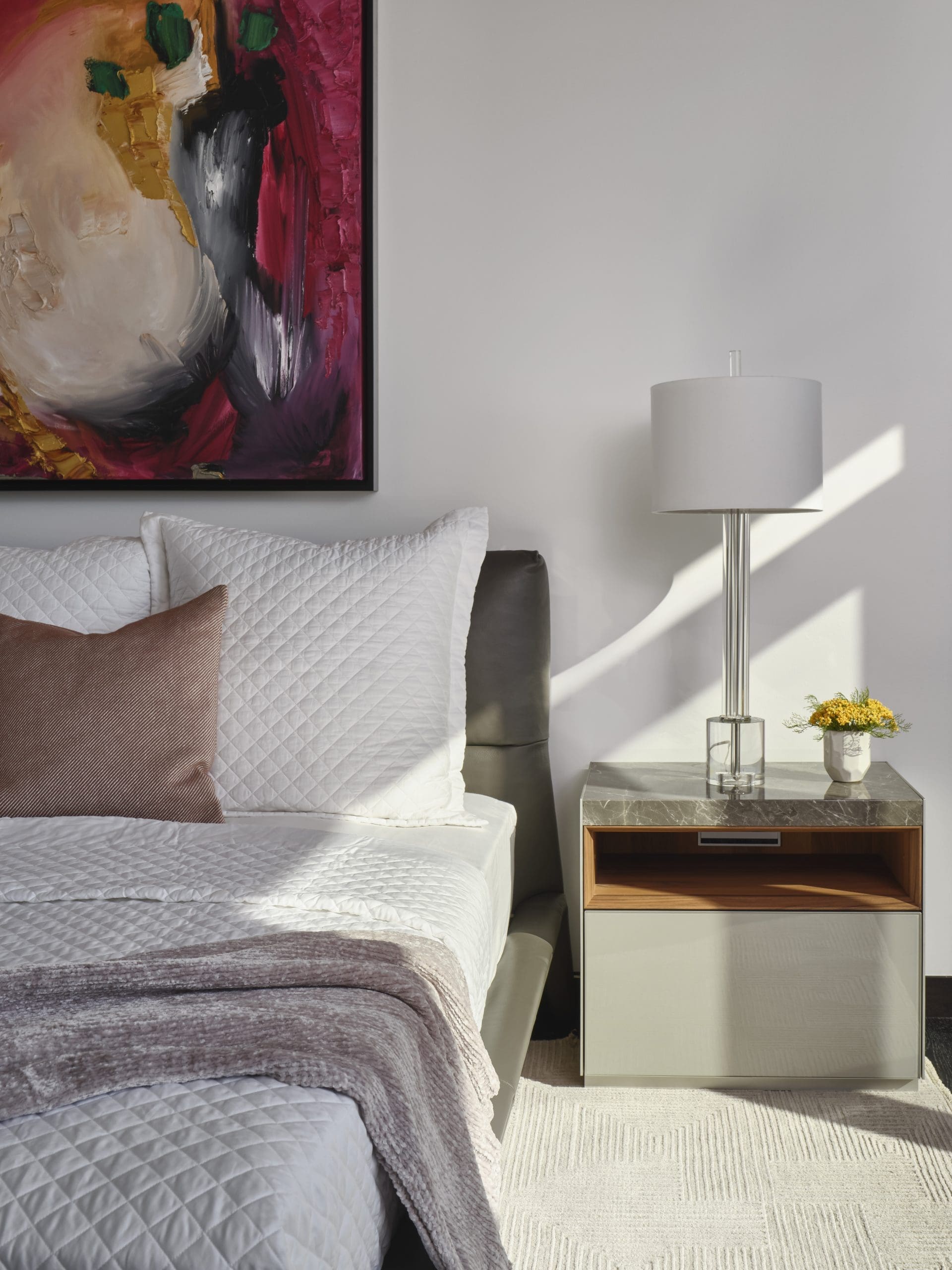 Poltrona Frau bed, Rimadesio nightstand and JD Miller "Trans Dimensional Portal" artwork.