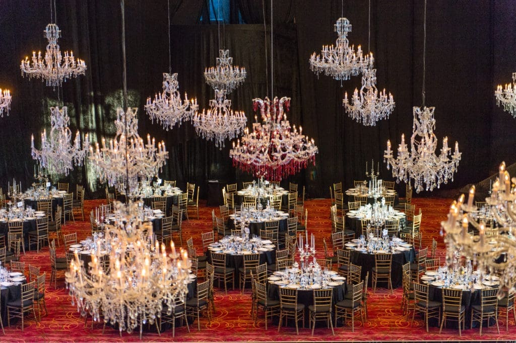 For the Ballet Ball 2015 salute to Stanton Welch's 'Romeo and Juliet' the Wortham Grand Foyer was dazzling with chandeliers evoking the Masked Ball theme. (Photo by Fulton Davenport)