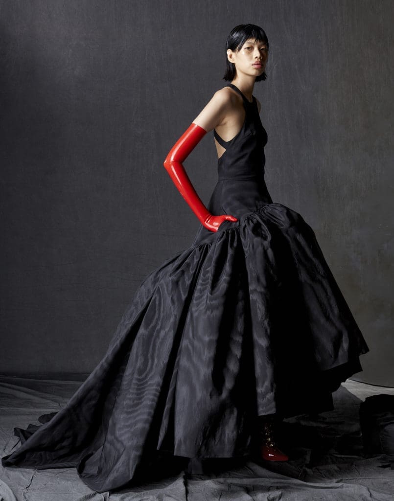 Bach Mai black moiré racerback halter sculpted volant gown. (Photo by Dimitri Hyacinthe)