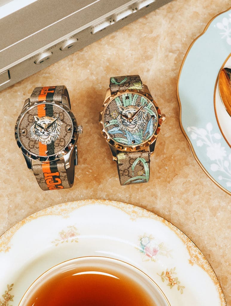 Gucci salutes the Year of the Tiger with a complete ready-to-wear and accessories collection embellished with the tiger image or 'Gucci Tiger' labeling.