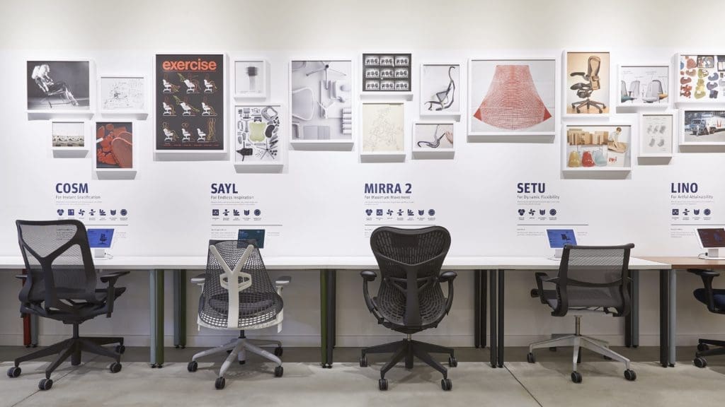 Array of seating styles offered at the new Herman Miller seating concept store in The Woodlands