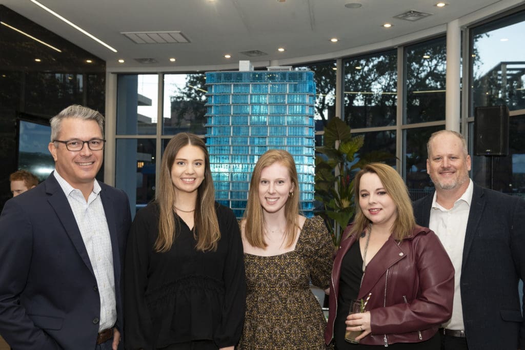 Jeffrey Abel, Michaela Knight, Grace Swart, Chelsea Arellano, Taylor Alford attend the Residences at The Allen and Thompson Hotel beam signing and celebration. (Photo by Anthony Rathbun)