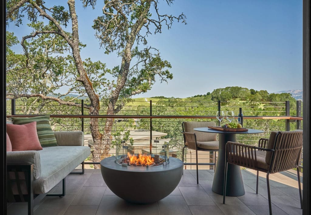 The suites at Montage Healdsburg boast spacious patios with fireplaces and cozy seating inviting guests to stay awhile.  (Photo by Christian Horan)