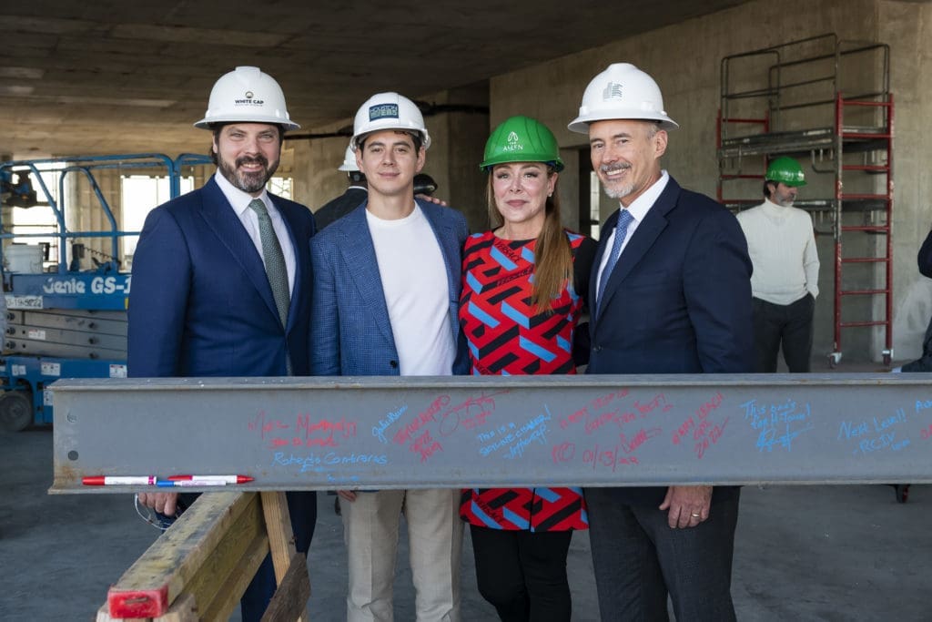 Sam Katz, Roberto Contreras IV, Claudia & Roberto Contreras attend the Residences at The Allen and Thompson Hotel beam signing and celebration. (Photo by Anthony Rathbun)