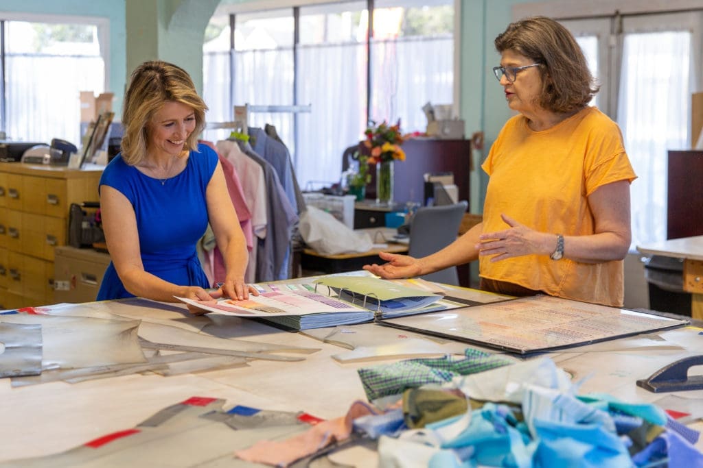 Samantha picks fabrics for guayabera shirts with Caroline Matthews of Dos Carolinas in San Antonio.